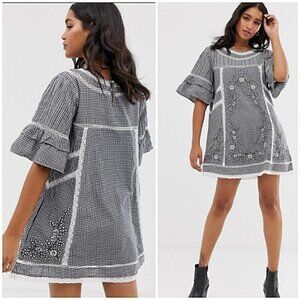 Free People Gingham Embroidered Mini Dress Black S NWOT